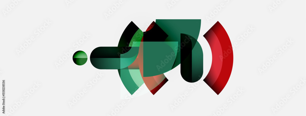 Poster Abstract shapes overlap, creating layered composition. Green, red hues dominate white background. Modern design element.