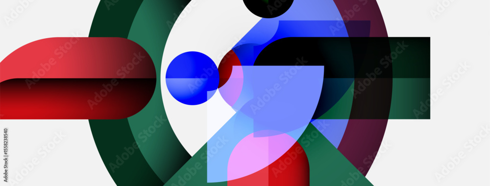 Poster Abstract composition. Overlapping shapes, vibrant colors, geometric forms create dynamic visual experience. Modern design, clean lines.