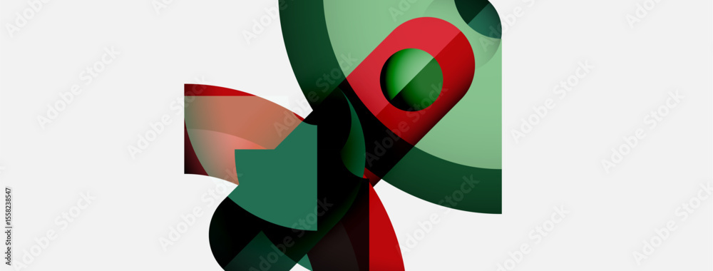 Poster Abstract composition features overlapping shapes. Red, green hues dominate white background. Fluid forms create dynamic visual interest.