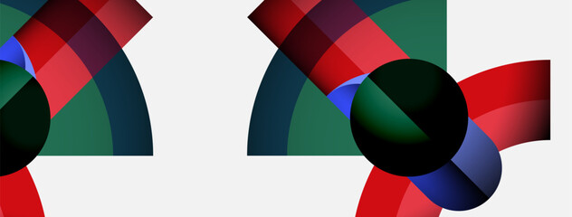 Abstract composition features overlapping colorful arcs, circles. Minimalist design uses red, green, blue hues on white background. Modern aesthetic.