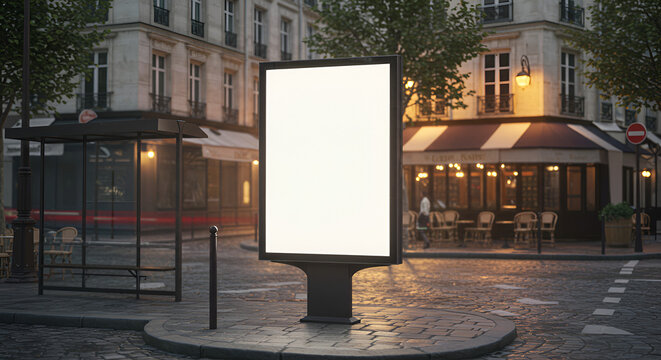 Blank billboard in a Parisian street at dusk