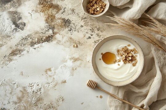 Creamy yogurt with honey and granola on a rustic table, featuring natural textures, soft colors, and a minimalistic presentation, perfect for healthy eating concepts - Powered by Adobe