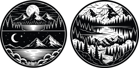 Two circular mountain landscapes with day and night illustration