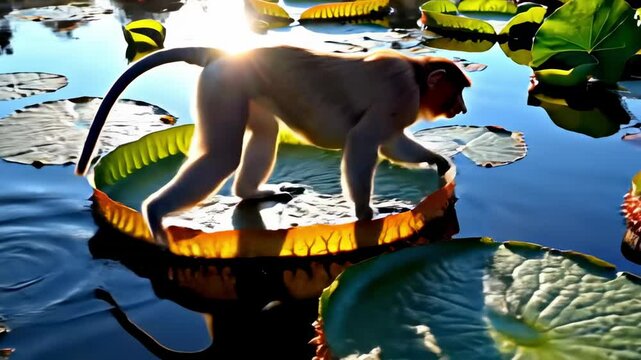 nasalis larvatus - A monkey gracefully walks across large lily pads in a serene water setting, with sunlight glimmering on the surface, creating a tranquil natural scene
