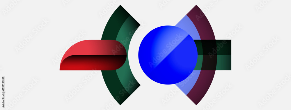 Poster Abstract graphic design features colorful overlapping shapes. Red, green, blue elements create dynamic visual composition. Simple background.