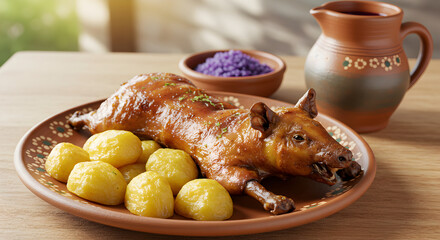 Delicious Roasted Guinea Pig Dish Served with Potatoes and Garnishes