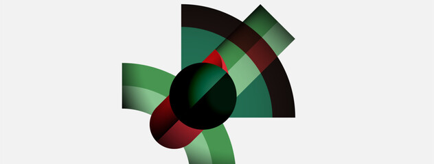 Obraz premium Abstract geometric design. Circular segments overlap, creating dynamic composition. Colors include shades green, red, black, white. Minimalist style.