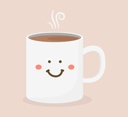White coffee mug with happy smiling face, vector eps10 illustration