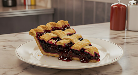 Delicious slice of blueberry pie on a white plate, perfect for dessert or snack