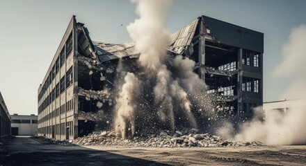 Building demolition in progress with dust and debris flying everywhere