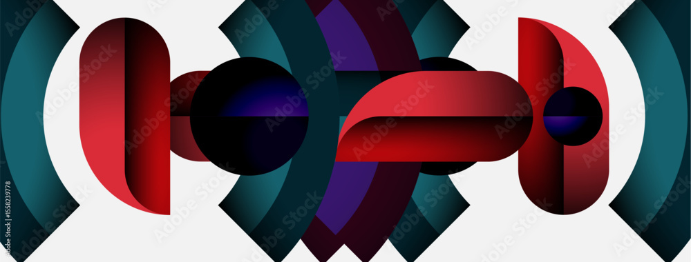 Poster Abstract composition featuring layered shapes. Red, purple, teal hues create dynamic visual rhythm. Minimalist design, modern aesthetic.