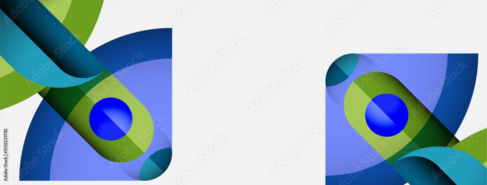 Poster Abstract design features swirling blue, green shapes. Two similar compositions exist sidebyside, creating symmetrical visual impact.