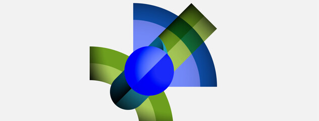 Abstract design features overlapping curved shapes, blue sphere center, green hues, light background. Modern, minimalist composition.