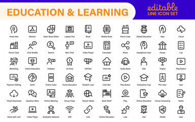 Education set of web icons in line style. Learning icons for web and mobile app. E-learning, video tutorial, knowledge, study, school, university, webinar, online education.