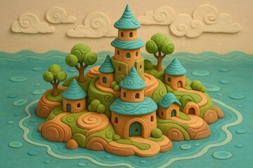 Naklejka premium Fairytale clay castle on spiral island with turquoise roofs surrounded by ocean and fantasy trees