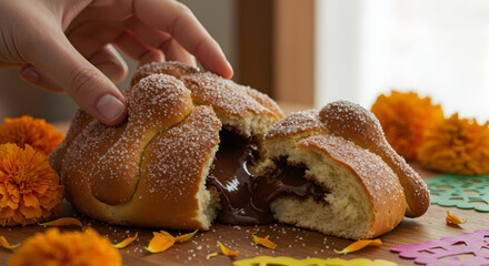 Pan de Muerto with Chocolate Filling, a Traditional Mexican Day of the Dead Bread