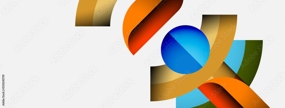 Poster Abstract design features colorful ribbons, sphere. Modern composition uses gradients, curves, dynamic shapes. Clean background enhances visual impact.