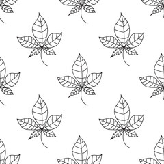 Chestnut leaves outline seamless pattern. Autumn or spring leaves in doodle style. Vector foliage outline on white background.