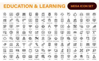 Obraz na płótnie Canvas Education set of web icons in line style. Learning icons for web and mobile app. E-learning, video tutorial, knowledge, study, school, university, webinar, online education.
