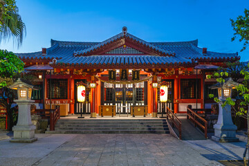 Night view of Naminoue Shrine in Naha City, Okinawa, Japan. Translation: "Naminoue Shrine", "National Protection", and "Peace for People"