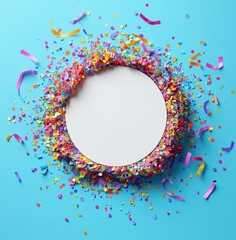 White circle with colorful confetti, ribbons on light blue bg
