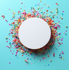 White circle with colorful confetti, ribbons on light blue bg