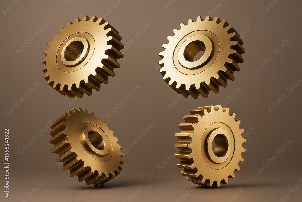 Poster four golden metal gears floating in minimal space with soft light and clean background, showcasing a