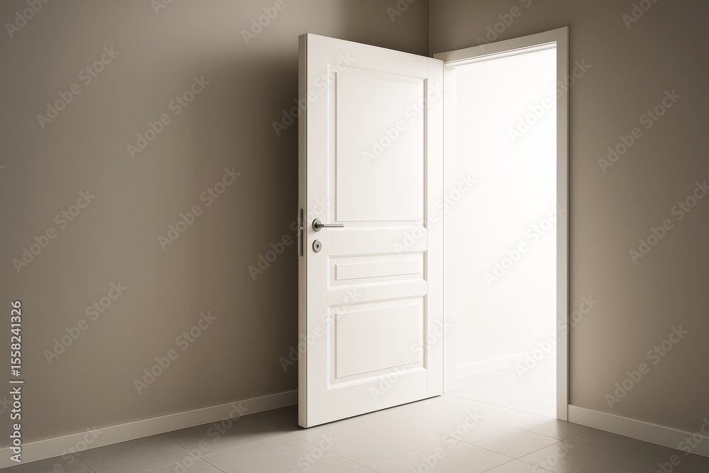 Poster white door slightly open with bright light shining through in a minimal modern interior, symbolizing