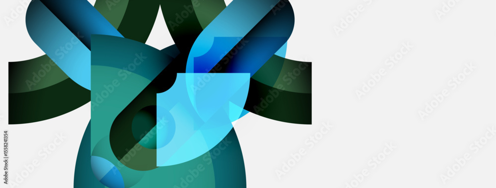 Poster abstract shapes overlap, creating fluid forms. blues, greens dominate composition. minimalist design