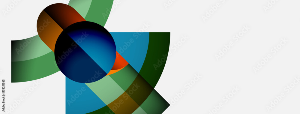 Poster Abstract composition features overlapping colorful arcs, circle. Gradient shades create dynamic visual effect. Minimalist design, modern aesthetic.