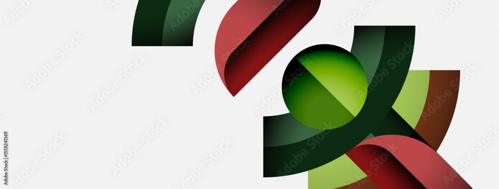 Poster abstract design features overlapping ribbons, green sphere. modern composition uses red, dark hues, 