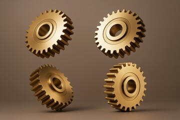 Four golden metal gears floating in minimal space with soft light and clean background, showcasing a creative industrial concept in graphic style.