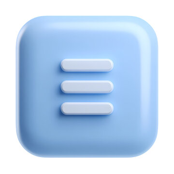 3d icon of a blue menu icon with three white lines isolated on transparent background