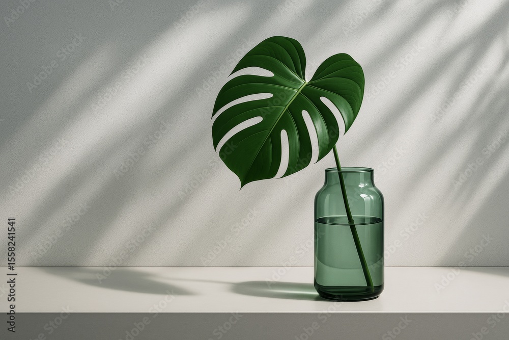 Poster monstera leaf in green glass vase on minimalist shelf with soft natural light and shadow play on whi