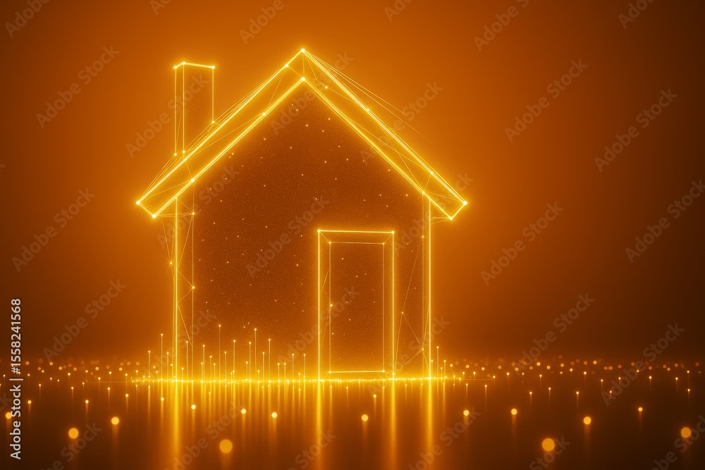 Poster glowing digital house made of golden light lines and dots on futuristic abstract background, symboli