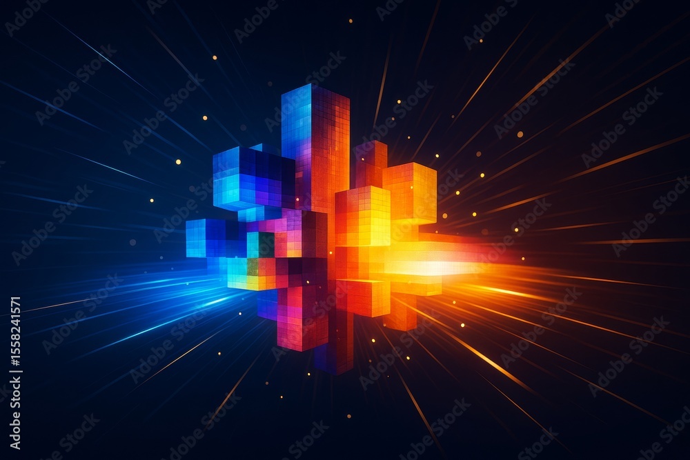 Poster Colorful glowing cubes exploding with light on dark background in digital futuristic abstract style, showing creative depth and energy burst.