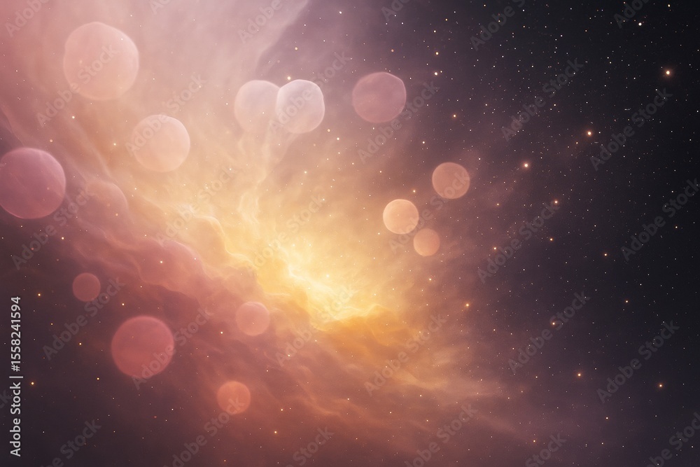 Poster Abstract cosmic light background with glowing nebula and floating orbs in space concept, dreamy celestial atmosphere and soft starry graphic style.