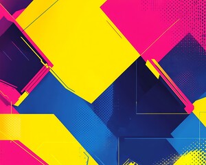 A dynamic hexagonal background in bright yellow electric pink and deep blue with sharp lines creating a high-energy atmosphere