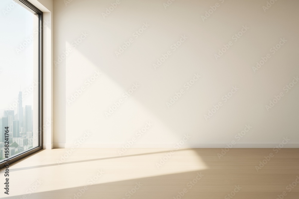 Poster minimalist empty room with sunlight casting shadows on white wall and wooden floor, large window ove