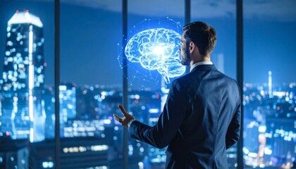 Business executive embracing a radiant digital brain, symbolizing artificial intelligence and technological advancement.