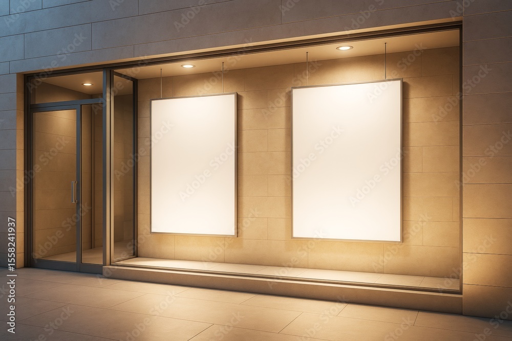 Poster empty illuminated poster mockup on beige stone wall background for advertising and branding design c