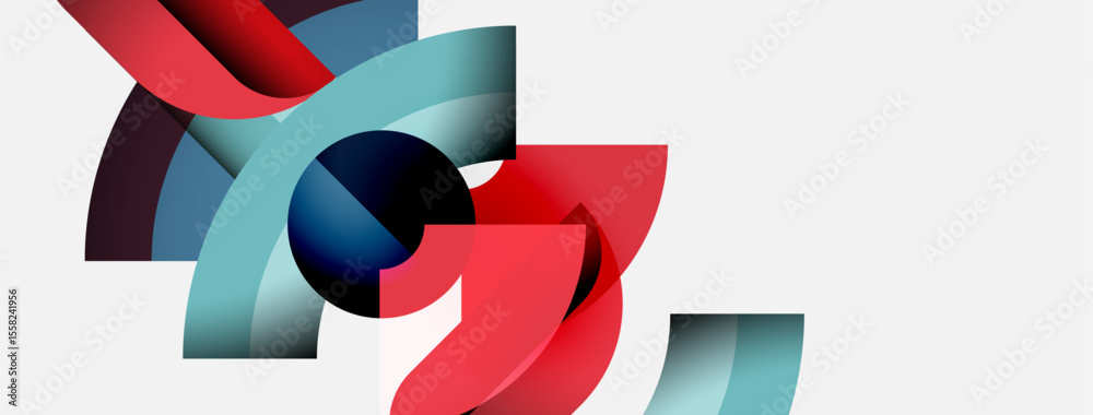 Poster Abstract shapes overlap, creating dynamic composition. Red, blue hues dominate white background. Modern design elements present.