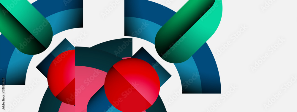 Aufkleber Abstract geometric composition. Shapes overlap, creating dynamic visual effect. Colors include red, teal, blue, pink. Modern design.