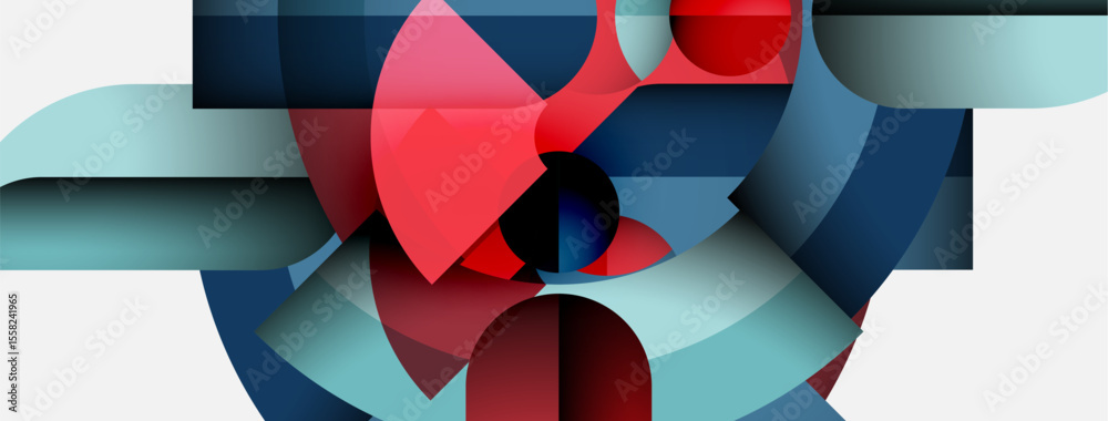Poster Abstract geometric composition. Red, blue, cyan shapes overlap creating dynamic visual effect. Minimalist design, modern aesthetic.
