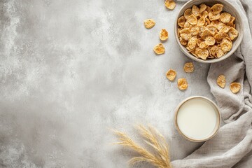 Delicious bowl of crunchy breakfast cereal on a textured gray background with milk and natural elements, perfect for morning motivation and healthy eating inspiration
