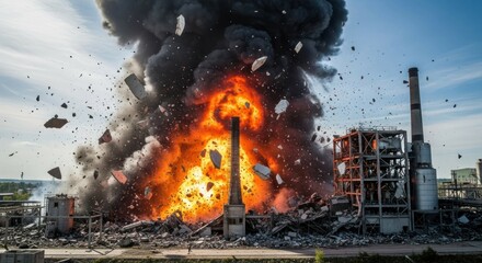 Industrial explosion at a factory with rubble and smoke, devastation