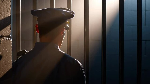Police officer silhouette uniform and hat stands near barred window inside police station with light casting shadows bars creating dramatic atmosphere