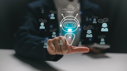 AI chatbot technology for customer support. A businessman interacts with a virtual assistant via a touch interface, showcasing digital communication between users and artificial intelligence.
