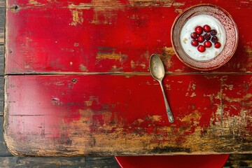 Delicious bowl of fresh yogurt topped with vibrant red cranberries and granola served on a rustic wooden table in natural light, inviting healthy breakfast ideas.
