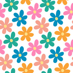 Trendy 70 s style floral pattern with winding daisy flowers. Vintage. Retro vector.